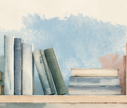 Uno scaffale ad acquerello con libri azzurri